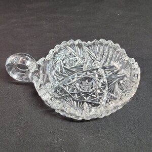 Hobstar Etched Cut Crystal Glass "nappy" low Bowl w/ Sawtooth Edge 6" diameter